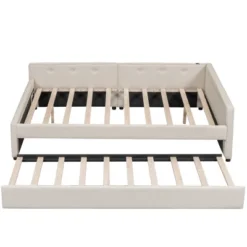 Full/Queen Size Upholstered Platform Bed With USB Ports, Modern Daybed With Trundle, Beige - ModernLuxe -Baxton Studio Sale Shop GUEST 9a132a64 e7e2 416f a8f8 dbca13325863