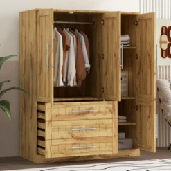SEVOBAL Armoire Wardrobe Closet Wood Closet Wardrobe Armoire Cabinet Organizer Freestanding Clothes Storage Cabinet Bedroom, Beige, 131.4"*66"*19.1"