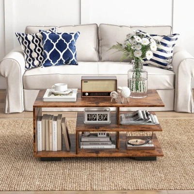 Costway Coffee Table W/ L-shaped Middle Shelf For Living Room Rustic Brown 4 Costway Coffee Table W/ L-shaped Middle Shelf For Living Room Rustic Brown - Image 4