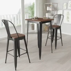 Merrick Lane Modern 23.5" Square Metal Table With Rustic Wood Top For Indoor Use