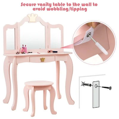 Costway Kids Makeup Dressing Table Chair Set Princess Vanity & Tri-folding Mirror 7 Costway Kids Makeup Dressing Table Chair Set Princess Vanity & Tri-folding Mirror - Image 7
