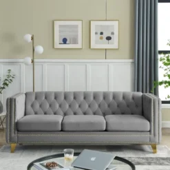 Living Room Modern Velvet Sofa With Button Tufted Square Arms And Metal Legs - ModernLuxe