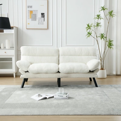 70" Convertible 2-Seater Sleeper Sofa Bed,Modern White Teddy Fabric Couch With Metal Legs For Small Space Living Room Apartment-Baofuwish 2 70" Convertible 2-Seater Sleeper Sofa Bed,Modern White Teddy Fabric Couch With Metal Legs For Small Space Living Room Apartment-Baofuwish - Image 2