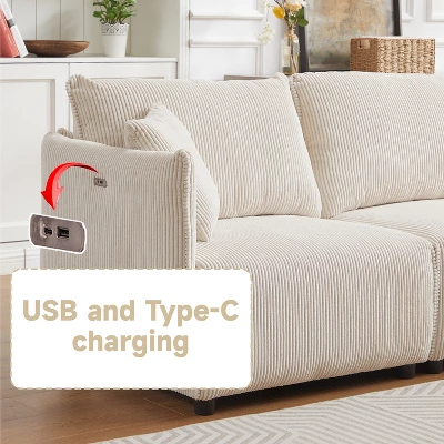 106"W Modular Combination Style Sofa, Modern Minimalist Corduroy Sofa With 2 Comfort Pillows And USB & C Charging Ports 4S - ModernLuxe 7 106"W Modular Combination Style Sofa, Modern Minimalist Corduroy Sofa With 2 Comfort Pillows And USB & C Charging Ports 4S - ModernLuxe - Image 7