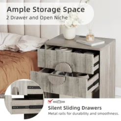 Fluted Nightstand With Charging Station - 2 Drawers + Open Shelf, Modern Wood Bedside Table For Bedroom & Living Room Storage -Baxton Studio Sale Shop GUEST 9d3934de ed2c 47df 9d4a ca40c6c1c9a6