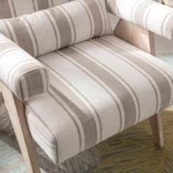 Megan 27.56" Wide Striped Upholstered Seat And Lumbar Pillow With Oak "V" Shape Solid Wood Legs Accent Chair With Arm Pads-The Pop Maison -Baxton Studio Sale Shop GUEST 9d80bc5f 9187 4a19 afa6 2186f0f604ed