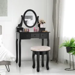 Costway Vanity Table Makeup Table Cushioned Mirror 5 Drawers Black 12 Costway Vanity Table Makeup Table Cushioned Mirror 5 Drawers Black -Baxton Studio Sale Shop GUEST 9d83b4d6 36c8 49ec a05b 2e1f31fe3b60