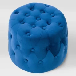 Lynwood Velvet Round Tufted Pouf Blue - CorLiving