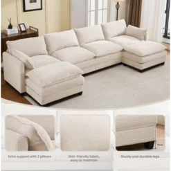 Hyleory Corduroy U-Shaped Sectional Sofa, 4-Seater Couch With 2 Movable Ottomans, Modular Living Room Furniture -Baxton Studio Sale Shop GUEST 9dcdc35c d3ec 43dd 9059 4993414f6d4f