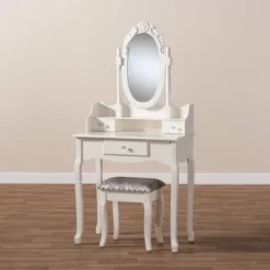 2pc Veronique White Finished Wood Vanity Table With Mirror And Ottoman White - Baxton Studio -Baxton Studio Sale Shop GUEST 9de0152d 3774 4a54 9546 3c1b96daaf3d