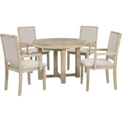 5 PCS Round Extendable Dining Table Set With Butterfly Leaf And 4 Upholstered Dining Armchairs-ModernLuxe 19 5 PCS Round Extendable Dining Table Set With Butterfly Leaf And 4 Upholstered Dining Armchairs-ModernLuxe -Baxton Studio Sale Shop GUEST 9e8c7df8 9bad 49ff 8959 5c443613037e