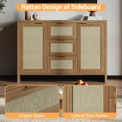 Modern Rattan Buffet Cabinet Sideboard With Storage,47" Boho Credenza Buffet Console Table With Drawers&Doors,Wooden Coffee Bar Cabinet -Baxton Studio Sale Shop GUEST 9f0380c0 4627 4025 913b 030d1c77ffc9