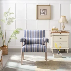 Megan 27.56" Wide Striped Upholstered Seat And Lumbar Pillow With Oak "V" Shape Solid Wood Legs Accent Chair With Arm Pads-The Pop Maison -Baxton Studio Sale Shop GUEST 9f8741cd 0958 4941 b6b1 82e576e9ed8b