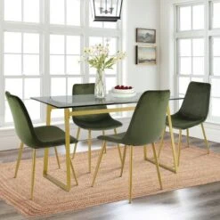 Mona+Bingo 5 Piece Gold Rectangular Clear Tempered Transparent Glass Table With 4 Upholstered Side Chairs-Maison Boucle -Baxton Studio Sale Shop GUEST a14393fb 26a5 4390 90a6 720bbed182de