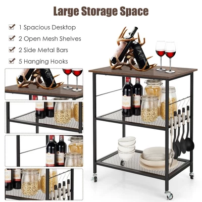 Costway 3-Tier Kitchen Serving Cart Utility Standing Microwave Rack W/ Hooks 6 Costway 3-Tier Kitchen Serving Cart Utility Standing Microwave Rack W/ Hooks - Image 6