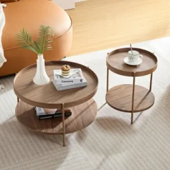 2-Piece Modern Nesting Coffee Table Set With 2-Tier MDF Top And Metal Legs,Round End Side Tables For Living Room-Baofuwish -Baxton Studio Sale Shop GUEST a27689ce 9567 4430 8b23 06ae614159f0