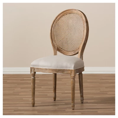 Adelia French Vintage Cottage Weathered Oak Wood Finish And Fabric Upholstered Dining Side Chair With Round Cane Back - Beige - Baxton Studio 3 Adelia French Vintage Cottage Weathered Oak Wood Finish And Fabric Upholstered Dining Side Chair With Round Cane Back - Beige - Baxton Studio - Image 3