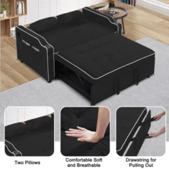 GustoWave Sleeper Sofa Couch Bed With Port, Modern 3-in-1 Convertible Velvet Pull Out Loveseat Futon Sofa, With Adjustable Backrest, Black -Baxton Studio Sale Shop GUEST a2c02fe8 d73d 4b7a b05c c412d3da5ede