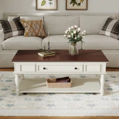Christopher Knight Home Sana Retro Rubberwood Coffee Table With One Drawer, Shelf And Lockable Wheels -Baxton Studio Sale Shop GUEST a35dd913 ea7d 4322 b030 ddd65faf01b5