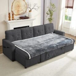 103"W Corduroy 4-Seater Modular Sleeper Sofa Bed With Storage Chaise,U-shaped Sofa With Pull-out Bed，Dark Grey -Baxton Studio Sale Shop GUEST a3c33015 e75b 4d53 b409 f0b9fafb773e
