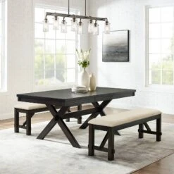 Hayden 3pc Extendable Dining Set With 2 Benches Slate - Crosley