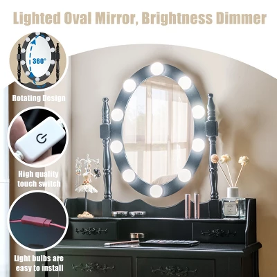 Tangkula Make-Up Vanity Table Dresser Set W/LED Light, Black Brown White 6 Tangkula Make-Up Vanity Table Dresser Set W/LED Light, Black Brown White - Image 6