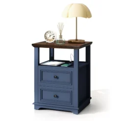 MUUEGM 18.1" Farmhouse Night Stand| Rustic Wood End Table With Charging Station, Open Shelf, 2 Storage Drawers -Baxton Studio Sale Shop GUEST a55b39a9 0441 4ca3 8c9c b1f27d0574ad