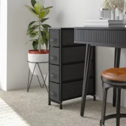 Flash Furniture 4 Drawer Slim Wood Top Cast Iron Frame Vertical Storage Dresser With Easy Pull Fabric Drawers