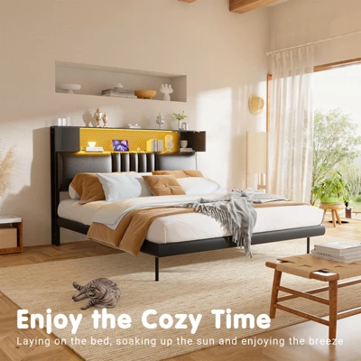 Aheaplus Upholstered Headboard With Storage Shelf And Small Cabinet, Headboard Power Outlet And LED Light 2 Aheaplus Upholstered Headboard With Storage Shelf And Small Cabinet, Headboard Power Outlet And LED Light - Image 2