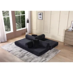 77.9" Corduroy Convertible Sofa Bed With Cylindrical Pillow, Folding Mattress, And Fixed-Shape Frame