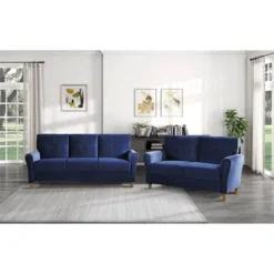 Dunleith Modern Contemporary Velvet Tufted Loveseat In Blue And Walnut - Lexicon -Baxton Studio Sale Shop GUEST a6536f29 9d72 4914 b046 c4bdabedf6a5