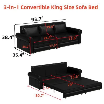 Kumasinova 3-in-1 Convertible Faux Leather Chesterfield Sofa, King Pull-Out Sleeper Sofa Bed, Retro Couch With Rivet Trim & Rolled Arm, Steel Frame 2 Kumasinova 3-in-1 Convertible Faux Leather Chesterfield Sofa, King Pull-Out Sleeper Sofa Bed, Retro Couch With Rivet Trim & Rolled Arm, Steel Frame - Image 2