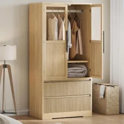 Wooden Armoire Wardrobe Closet With Shelves & Hanging Rod, Wardrobe Armoire Cabinet With Glass Doors And 2 Drawers, For Bedroom, Living Room -Baxton Studio Sale Shop GUEST a75129a5 1434 46a1 aa55 b415c1a22ed5