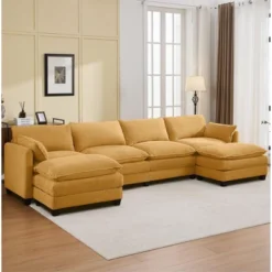 Hyleory Corduroy U-Shaped Sectional Sofa, 4-Seater Couch With 2 Movable Ottomans, Modular Living Room Furniture -Baxton Studio Sale Shop GUEST a7d1d5a5 8be5 423e 807c 4ca0b89a58a7