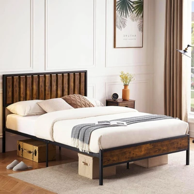 Bed Frame With Headboard Footboard Rustic Wood Farmhouse Platform Metal Wrought Rod Slat Bedframe, No Box Spring Needed, Easy Assembly 6 Bed Frame With Headboard Footboard Rustic Wood Farmhouse Platform Metal Wrought Rod Slat Bedframe, No Box Spring Needed, Easy Assembly - Image 6