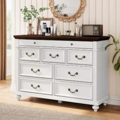 47" Farmhouse Dresser For Bedroom With 9 Drawers, Rustic Wood Chest With Vintage Metal Handles For Bedroom -Baxton Studio Sale Shop GUEST a8faa1b5 2055 494b 8854 2ada26200036