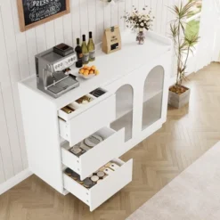 Sideboard Buffet Cabinet With Glass Doors, 48" Large Kitchen Buffet Table With 3 Drawers, Coffee Bar Storage Cabinet -Baxton Studio Sale Shop GUEST a900d4a3 019f 4055 a6f9 a9143a648d87