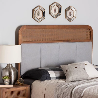 Baxton Studio Queen Esti Fabric And Wood Headboard With Rattan Light Gry/Ash Walnut: Mid-Century Design, 5 Adjustable Heights 2 Baxton Studio Queen Esti Fabric And Wood Headboard With Rattan Light Gry/Ash Walnut: Mid-Century Design, 5 Adjustable Heights - Image 2