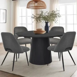 Dwen+Edwin 5-Piece 46" Manufactured Grain And 21.6" Wider Seat 4 Upholstered Fabric Chairs Modern Round Dining Table Set-The Pop Maison -Baxton Studio Sale Shop GUEST aa4c9420 bcf9 420f 9762 7c7755c4fe95