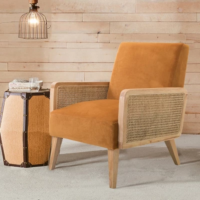 Chloé Cane Arm Chair With Wood Base Living Room Upholstered Accent Chair With Rattan Armrest | Karat Home 1 Chloé Cane Arm Chair With Wood Base Living Room Upholstered Accent Chair With Rattan Armrest | Karat Home