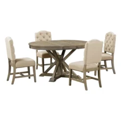 5 PCS Extendable Wood Dining Table Set With Round Table And 4 Upholstered Chairs-ModernLuxe -Baxton Studio Sale Shop GUEST aabe21cb dbb3 4ac7 a762 acb41aa6efd2