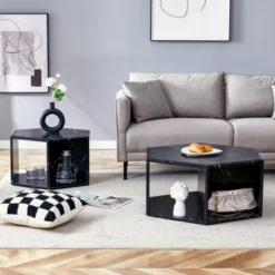 FONTOI Hexagonal Coffee Table Set Of 2 With Multi-hole Design, Floor Mount Side Table For Living Room Bedroom, Black, 21.6"*14"*25"