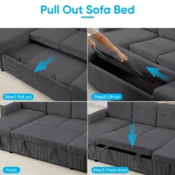 103"W Corduroy 4-Seater Modular Sleeper Sofa Bed With Storage Chaise,U-shaped Sofa With Pull-out Bed，Dark Grey -Baxton Studio Sale Shop GUEST aae66b76 35bf 454c 8401 d03430cd28d5