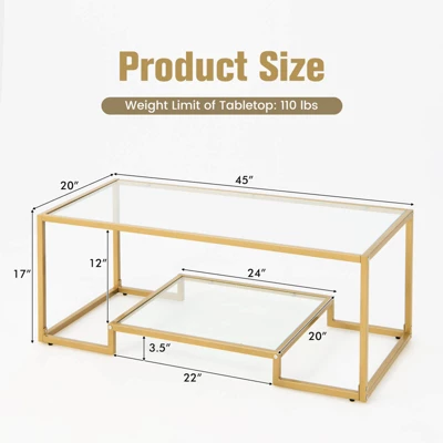Costway 45'' Coffee Table Rectangular Tempered Glass Accent Table W/ Shelf Living Room 2 Costway 45'' Coffee Table Rectangular Tempered Glass Accent Table W/ Shelf Living Room - Image 2