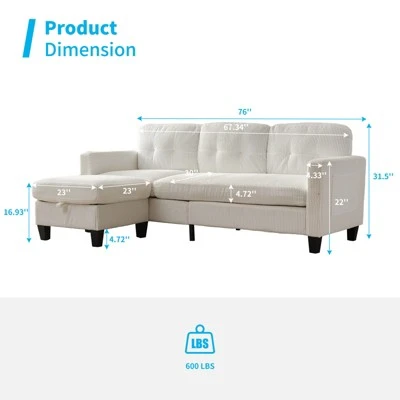 Mjkone 76" Convertible L-Shaped Sectional Sofa With Storage Ottoman,Corduroy 3-Seater Couch 2 Mjkone 76" Convertible L-Shaped Sectional Sofa With Storage Ottoman,Corduroy 3-Seater Couch - Image 2