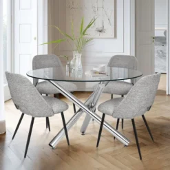 Eileen+Edwin 5-Piece Round Clear Glass Dining Table Set With 4 Upholstered Chairs -The Pop Maison -Baxton Studio Sale Shop GUEST ac9f2318 5143 487e a4ae e43f5a356786
