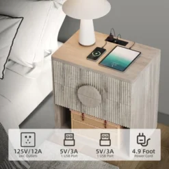 Fluted Nightstand With Charging Station - 2 Drawers + Open Shelf, Modern Wood Bedside Table For Bedroom & Living Room Storage -Baxton Studio Sale Shop GUEST ad0af93c 8fcb 4d0b a986 46f6172798a1