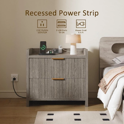 Boersma Fluted Nightstand Set Of 2, 23" Modern Night Stand With Charging Station,Side Table With 2 Drawers,End Table With Storage,Farmhouse Sofa 4 Boersma Fluted Nightstand Set Of 2, 23" Modern Night Stand With Charging Station,Side Table With 2 Drawers,End Table With Storage,Farmhouse Sofa - Image 4