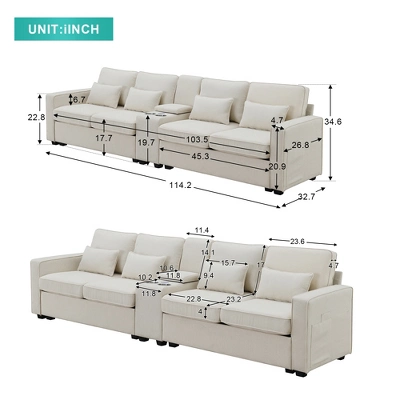 114.2" Modern Linen Upholstered Sofa With Console, 2 Cup Holders, 2 USB Ports, Wireless Charging And 4 Pillows - ModernLuxe 2 114.2" Modern Linen Upholstered Sofa With Console, 2 Cup Holders, 2 USB Ports, Wireless Charging And 4 Pillows - ModernLuxe - Image 2