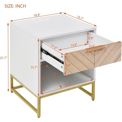 Nightstand With USB Charging Ports, End Table With 1 Drawer And Metal Legs, White+Natural Finish-ModernLuxe 2 Nightstand With USB Charging Ports, End Table With 1 Drawer And Metal Legs, White+Natural Finish-ModernLuxe - Image 2